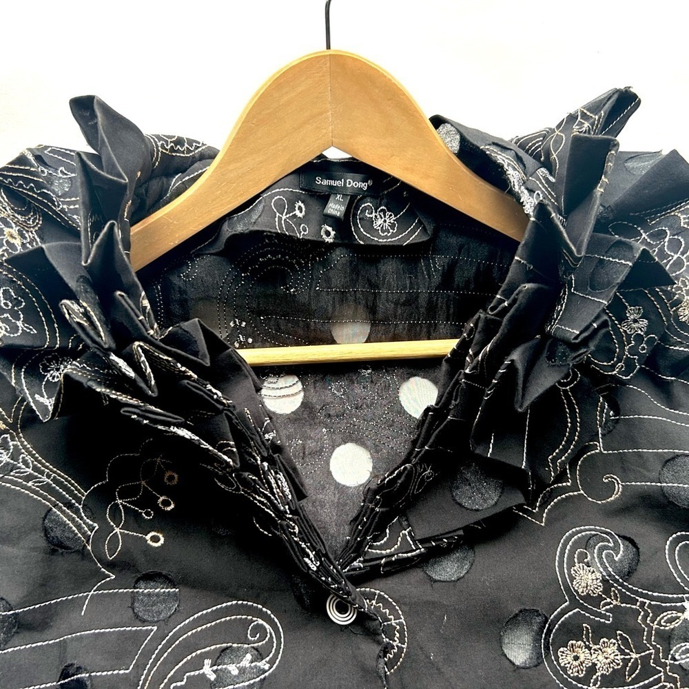 Samuel Dong  Ruffled neck Button Jacket Artsy Textured Blouse - Picture 7 of 11